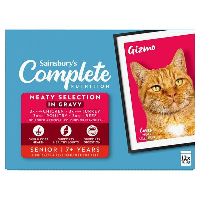 Sainsbury's Complete Nutrition 7+ Meat Selection in Gravy Senior Cat Food 12 x 100g - gallery image 1