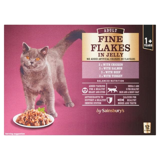 Sainsbury's Adult Fine Flakes Meat Selection in Jelly Cat Food 1+ Years 12 x 100g - gallery image 1