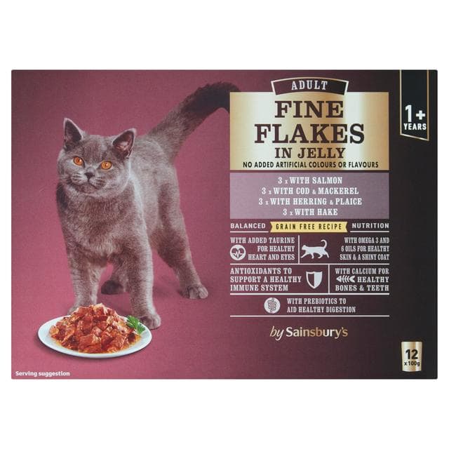 Sainsbury's Adult Fine Flakes Fish Selection in Jelly Cat Food 1+ Years 12 x 100g - gallery image 1