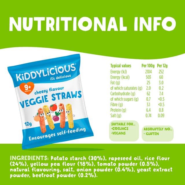 Kiddylicious Cheesy Flavoured Veggie Straws Baby Snacks 4x12g - gallery image 3