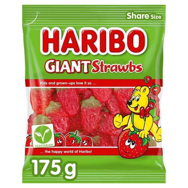 Haribo Giant Strawbs Jelly & Chewy Fruit Gums Sweets Sharing Bag 190g - gallery image 1