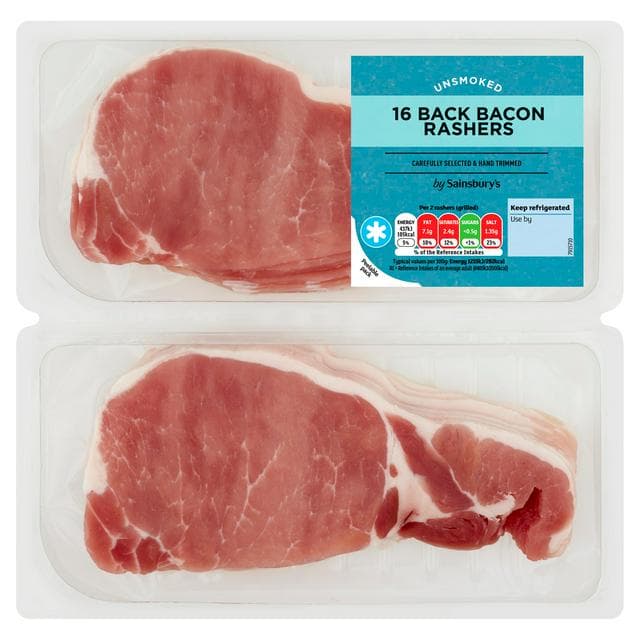 Sainsbury's Unsmoked 16 Back Bacon Rashers 2x250g - gallery image 1