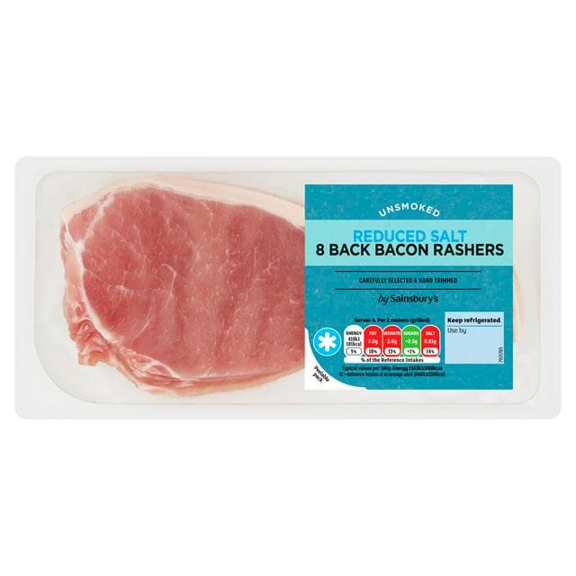 Sainsbury's Unsmoked Reduced Salt Back Bacon Rashers x8 250g - gallery image 1