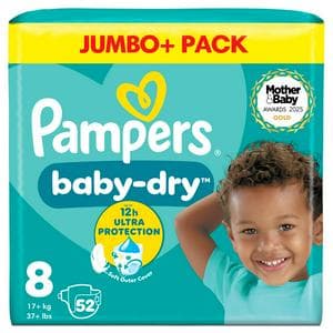Pampers Baby-Dry Size 8, 52 Nappies, 17+kg, Jumbo+ Pack