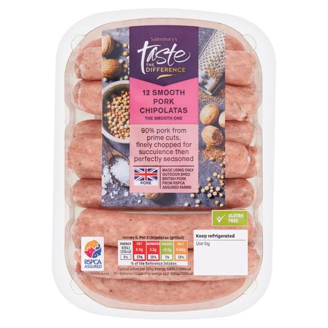 Sainsbury's Smooth Pork Chipolatas, Taste the Difference x12 375g - gallery image 1