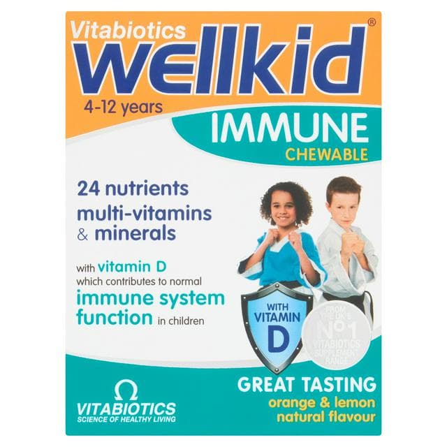 Vitabiotics WellKid Immune Chewable Natural Orange & Lemon Flavour 4-12 Years Chewable Tablets x30 - gallery image 1
