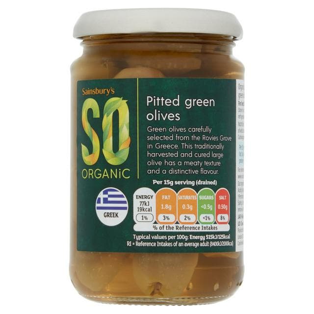 Sainsbury's SO Organic Pitted Green Olives 290g (130g*) - gallery image 1