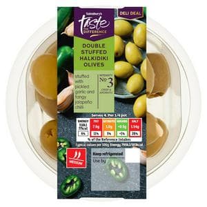 Sainsbury's Double Stuffed Halkidiki Olives with Jalapeño & Garlic, Taste the Difference 160g