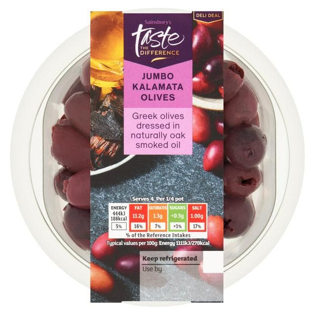 Sainsbury's Jumbo Kalamata Olives with Oak Smoked Oil, Taste the Difference 160g - gallery image 1