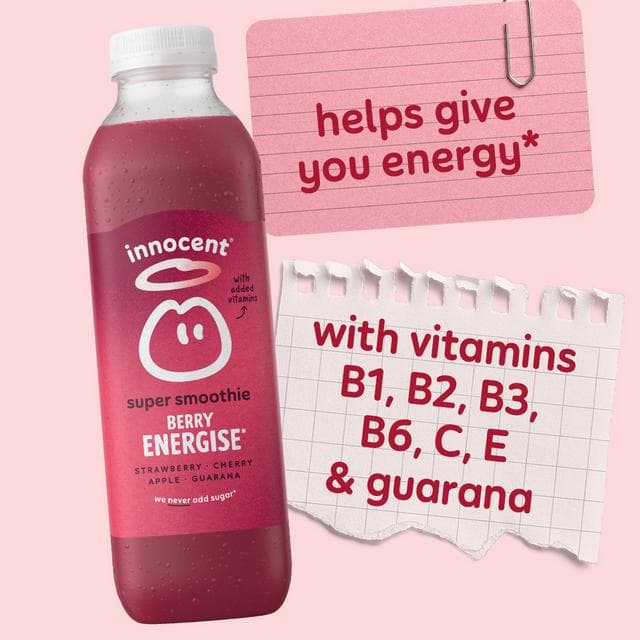 Innocent Berry Energise, Strawberry, Cherry, Apple & Guarana Super Smoothie with Vitamins 750ml - gallery image 2