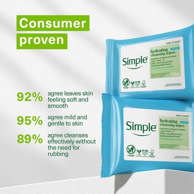 Simple Kind to Skin Micellar Biodegradable Waterproof Make Up Remover Cleansing Facial Wipes 2 x 20 - gallery image 3