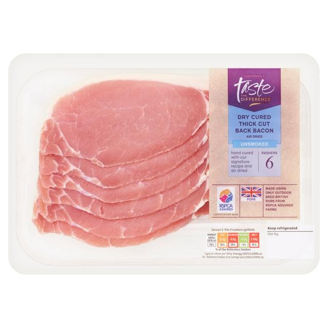 Sainsbury's Unsmoked Air Dried Thick Cut Back Bacon Rashers, Taste the Difference x6 300g - gallery image 1