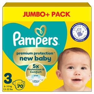 Pampers Premium Protection New Baby Jumbo+ Pack Nappies Size 3, 6kg-10kg x70