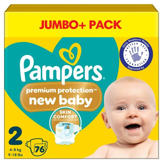 Pampers New Baby Size 2 Jumbo+ Pack, 4kg-8kg 76 Nappies - gallery image 1