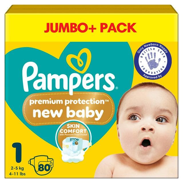 Pampers New Baby Size 1 Jumbo+ Pack, 2kg-5kg 80 Nappies - gallery image 1