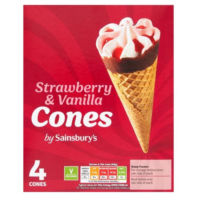 Sainsbury's Strawberry & Vanilla Cones 4x110ml - gallery image 1