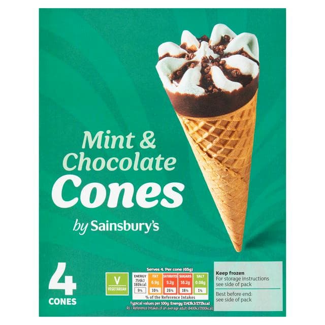 Sainsbury's Mint & Chocolate Cones 4x110ml - gallery image 1