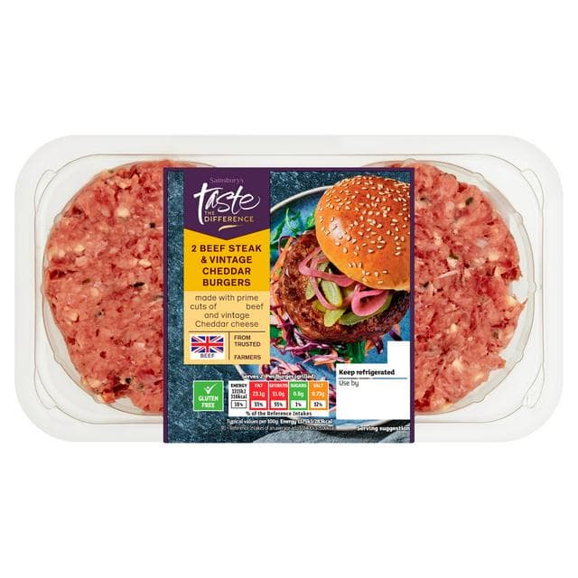 Sainsbury's 2 Beef Steak & Vintage Cheddar Burgers, Taste the Difference 340g - gallery image 1
