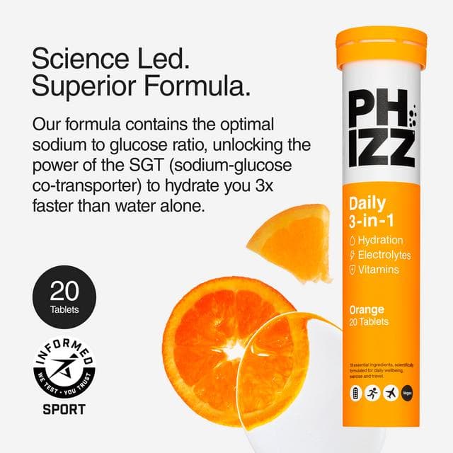 Phizz Daily 3-in-1 Hydration, Electrolytes & Vitamins Effervescent Tablets Orange x20 Tablets - gallery image 3