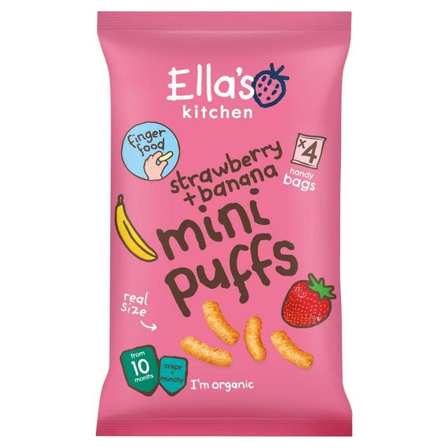 Ella's Kitchen Organic Strawberry & Banana Mini Puffs Multipack Baby Snack 10+ Months 4x8g - gallery image 1