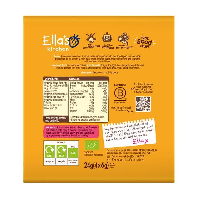 Ella's Kitchen Organic Sweetcorn & Carrot Melty Sticks Multipack Baby Snack 7+ Months 4x6g - gallery image 2
