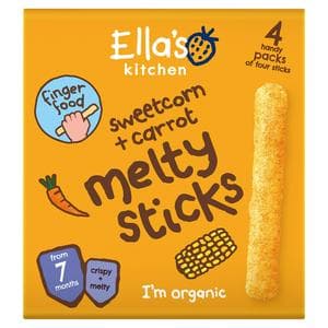 Ella's Kitchen Organic Sweetcorn & Carrot Melty Sticks Multipack Baby Snack 7+ Months 4x6g