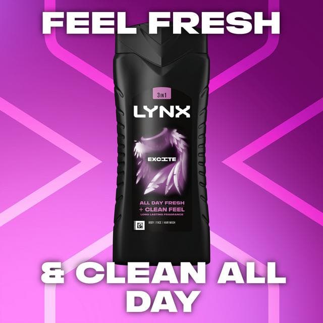 Lynx 500ml Excite 3 in 1 Body Wash Shower Gel for Men - gallery image 2