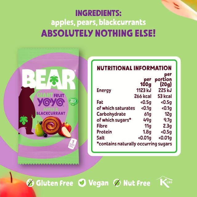 BEAR Giant Fruit Yoyos Apple & Blackcurrant Multipack 5x20g - gallery image 4