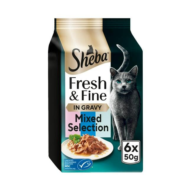 Sheba Fresh & Fine Salmon & Tuna in Gravy Wet Cat Food Pouches 6 x 50g - gallery image 1