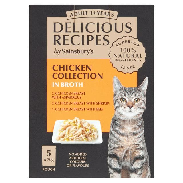 Sainsbury's Delicious Recipes Chicken Collection in Broth 1+ Years Adult Cat Food 5 x 70g - gallery image 1