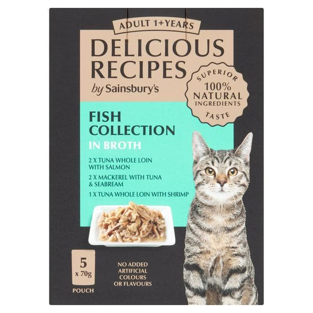 Sainsbury's Delicious Recipes 5 x 70g Fish Collection in Broth 1+ Years Adult Cat Food - gallery image 1