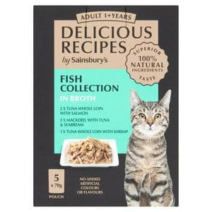 Sainsbury's Delicious Recipes 5 x 70g Fish Collection in Broth 1+ Years Adult Cat Food