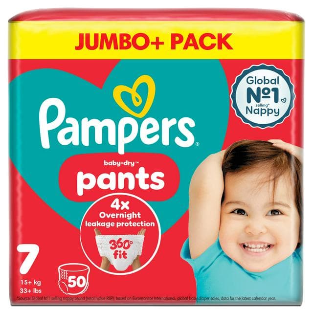 Pampers Baby Dry Nappy Pants Jumbo+ Pack Nappies Size 7, 17kg+ x50 - gallery image 1