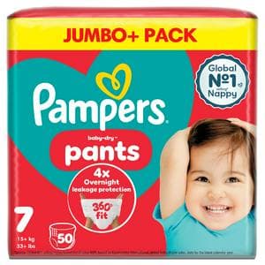 Pampers Baby Dry Nappy Pants Jumbo+ Pack Nappies Size 7, 17kg+ x50