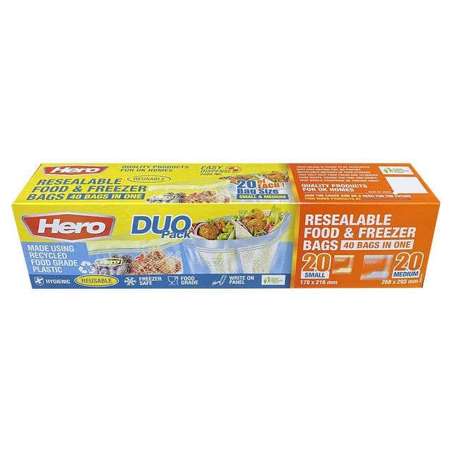 Hero Duo Pack Resealable Food & Freezer Bags, Small & Medium x40 - gallery image 1