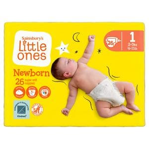 Sainsbury's Little Ones Newborn Super Soft Nappies Size 1, 2kg-5kg 4-11lb x26