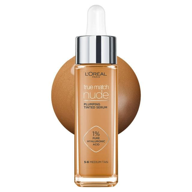 L'Oreal Paris True Match Nude Plumping Tinted Serum, 1% Hyaluronic Acid, Shade 5-6 Medium Tan - gallery image 1