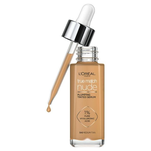 L'Oreal Paris True Match Nude Plumping Tinted Serum, 1% Hyaluronic Acid, Shade 5-6 Medium Tan - gallery image 1