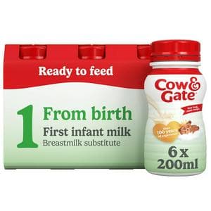 Cow & Gate 1 First Infant Baby Milk Formula Liquid From Birth Multipack Ready To Feed 6x200ml