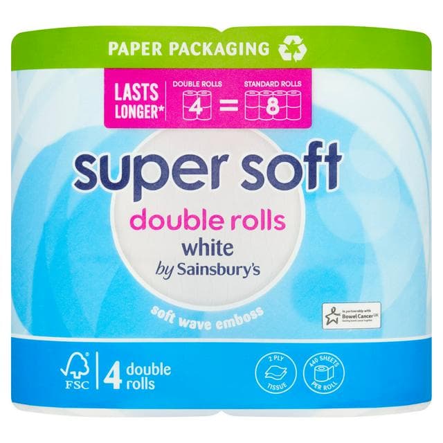 Sainsbury's Super Soft White Toilet Tissue Double Rolls 4 equals 8 Rolls - gallery image 1