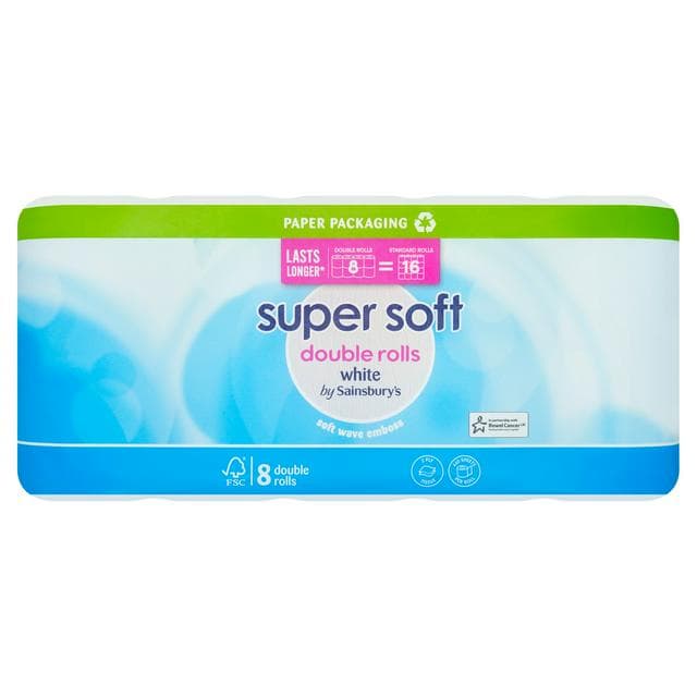 Sainsbury's Super Soft White Toilet Tissue Double Rolls 8 equals 16 Rolls - gallery image 1