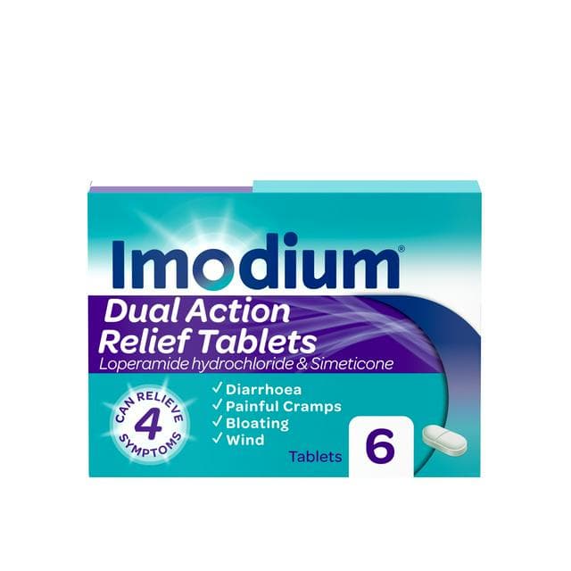 Imodium Dual Action 6 x Bloating Wind Relief Diarrhoea Cramps Tablets - gallery image 1