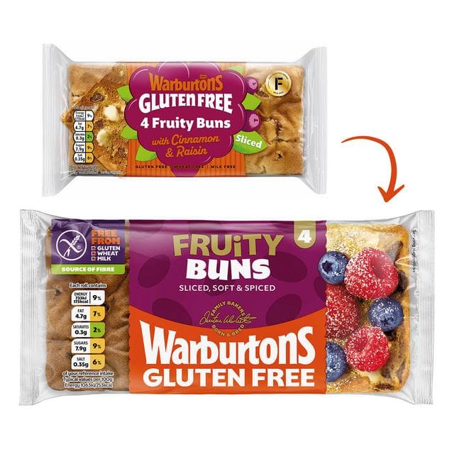 Warburtons Gluten Free Cinnamon & Raisin Sliced Fruity Buns x4 - gallery image 2