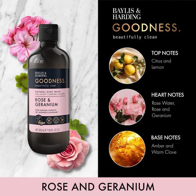 Baylis & Harding Goodness Rose & Geranium Natural Body Wash 500ml - gallery image 2
