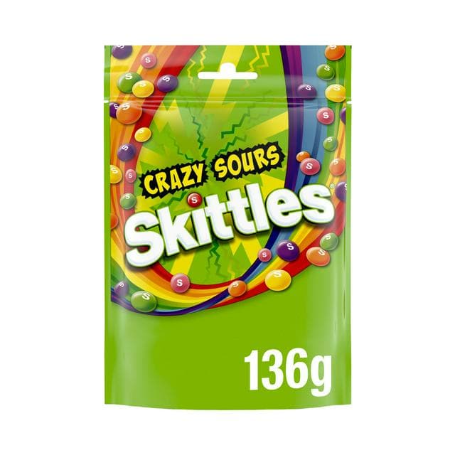 Skittles Vegan Chewy Crazy Sour Sweets Fruit Flavoured Pouch Bag 136g - gallery image 1