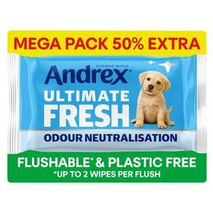 Andrex Ultimate Fresh Mega Flushable Odour Control Moist Toilet Tissue Wipes Single Pack 50% Extra Sheets x56