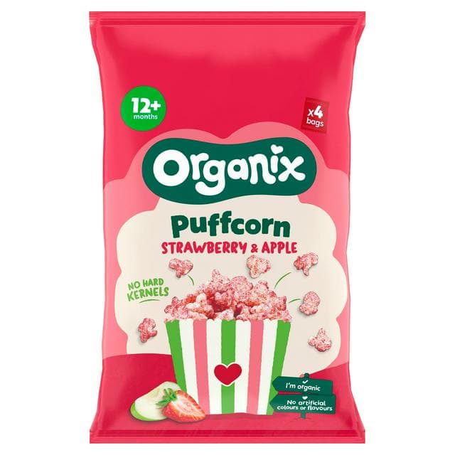 Organix 4 x 10g 12+ Months Strawberry & Apple Baby Popcorn Puffs Multipack Snacks - gallery image 1