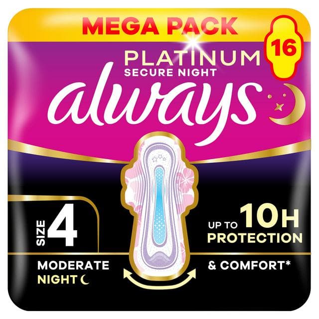 Always Platinum Secure Night Size 4 Sanitary Towels With Wings Pads x16 - gallery image 1