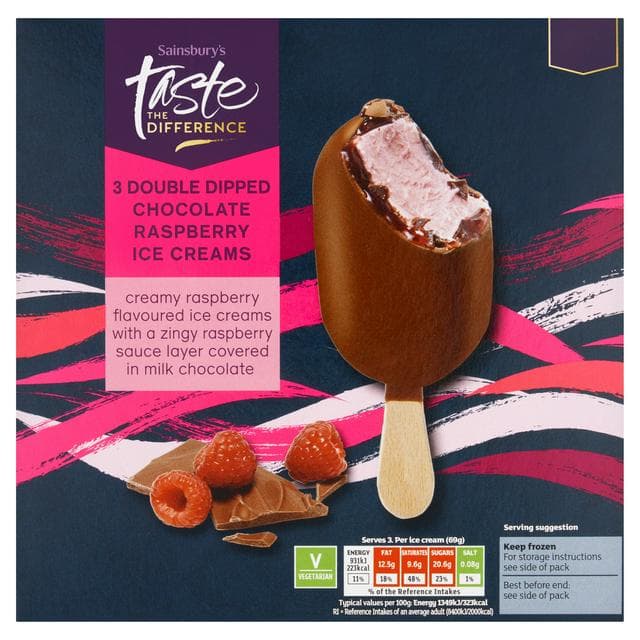 Sainsbury's Double Dipped Chocolate Raspberry Ice Creams, Taste the Difference 3x88g - gallery image 1