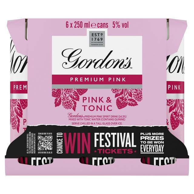Gordon's Premium Pink Gin & Tonic Ready To Drink 5% Vol Cans 6x250ml - gallery image 1